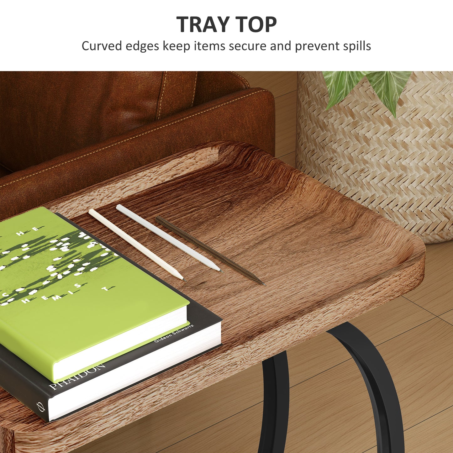 C Shaped Side Table with Storage & Wheels for Living Room, Brown