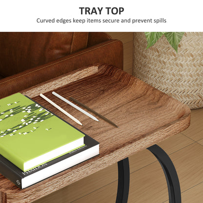 C Shaped Side Table with Storage & Wheels for Living Room, Brown