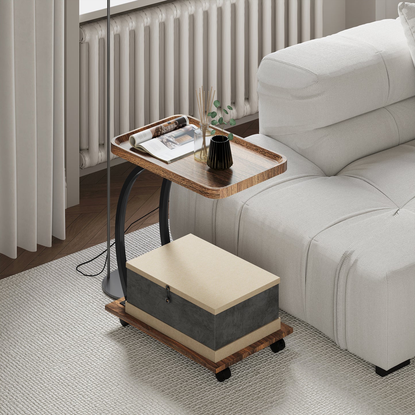 C Shaped Side Table with Storage & Wheels for Living Room, Brown