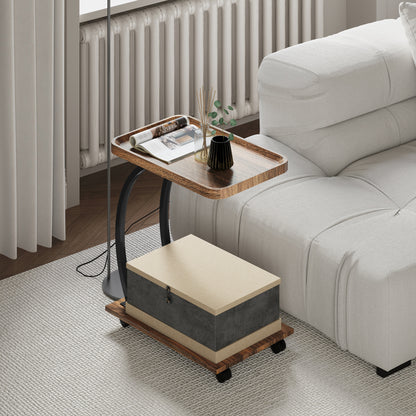 C Shaped Side Table with Storage & Wheels for Living Room, Brown