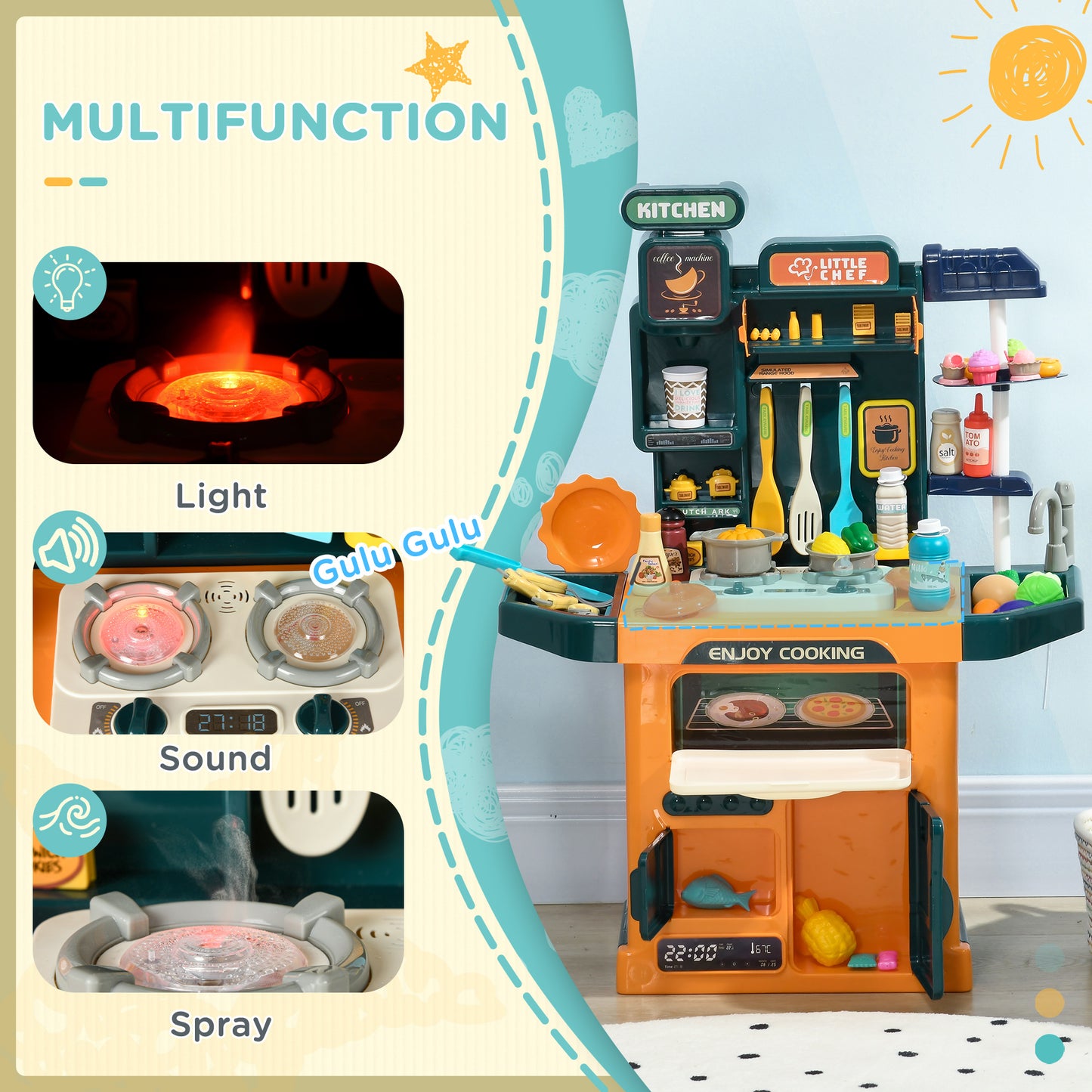 AIYAPLAY Toy Kitchen, 77 Pieces Kids Play Kitchen Role Playing Game with Sound and Light, Water Spray, Running Water