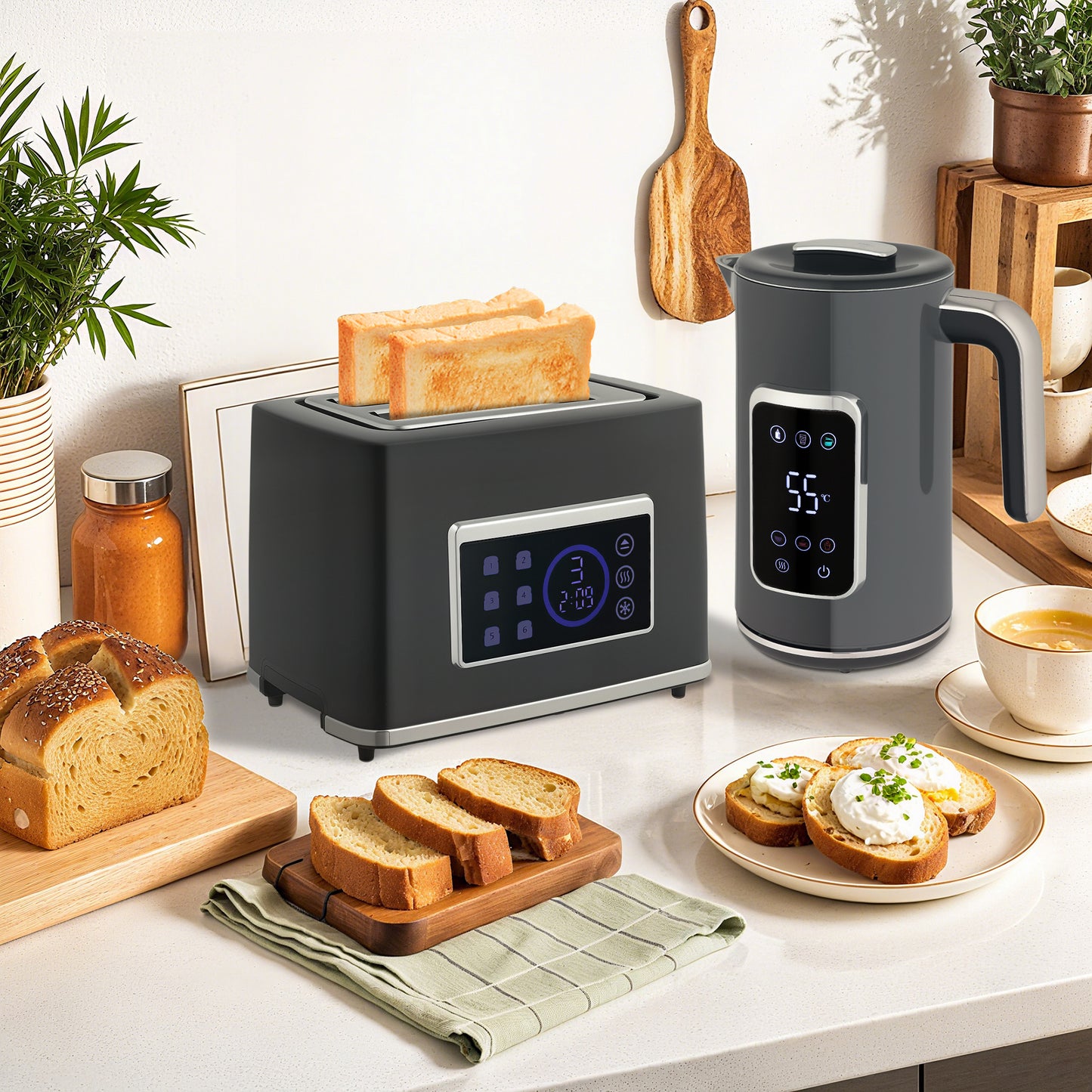 1.7L 3000W Rapid Boil Kettle and 2 Slice Toaster Set Crumb Tray Grey