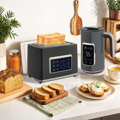 1.7L 3000W Rapid Boil Kettle and 2 Slice Toaster Set Crumb Tray Grey