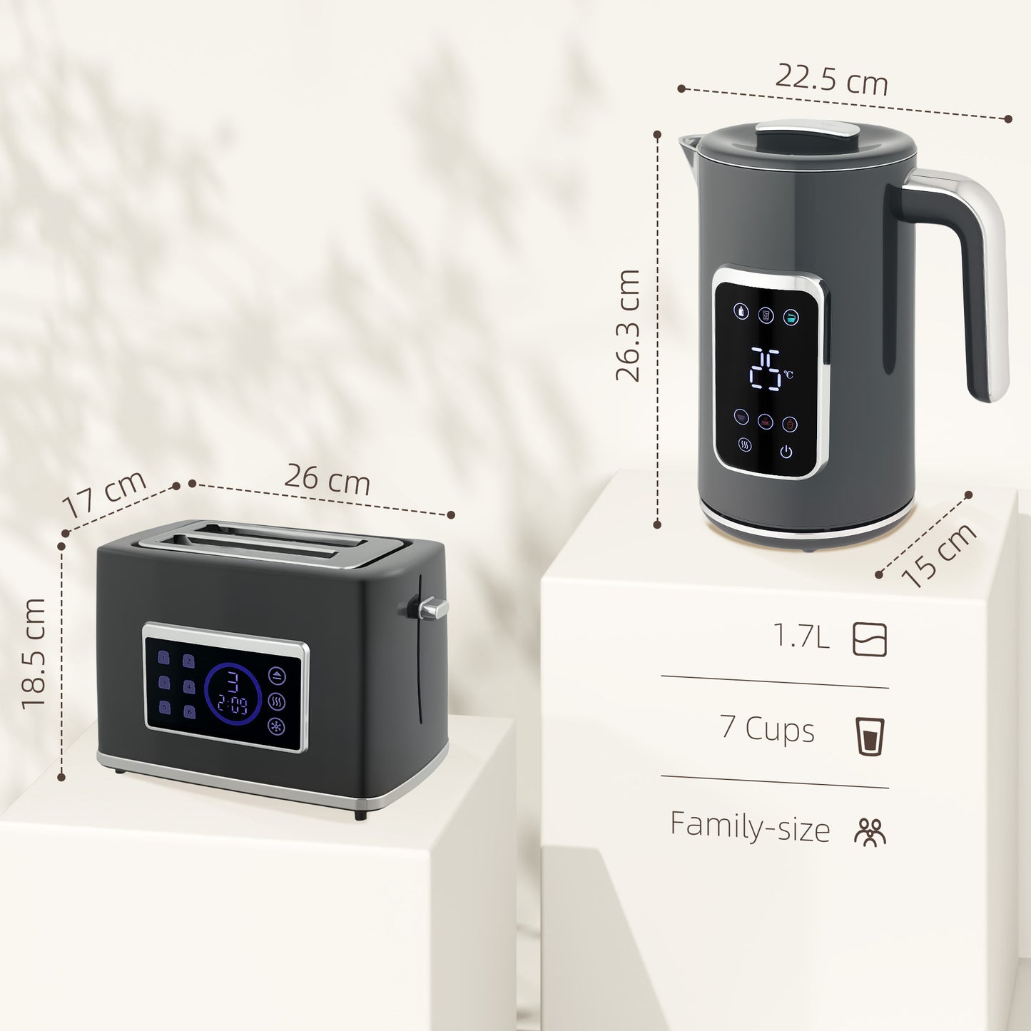 1.7L 3000W Rapid Boil Kettle and 2 Slice Toaster Set Crumb Tray Grey