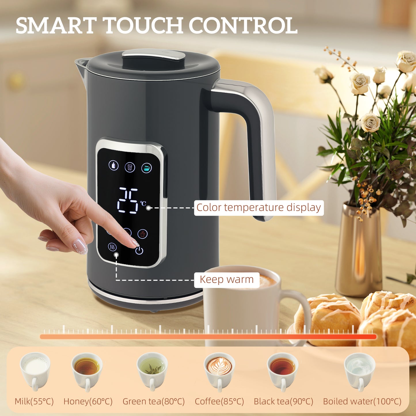 1.7L 3000W Rapid Boil Kettle and 2 Slice Toaster Set Crumb Tray Grey