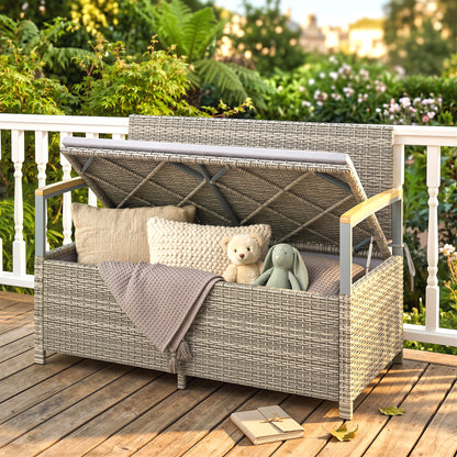 170 L Garden Storage Bench with Zipped Liner, 2 Seater PE Rattan Garden Bench with Storage, Gas Strut, Acacia Wood Top Armrests, Cushion, Patio Outdoor Benches Chest Container, Light Grey