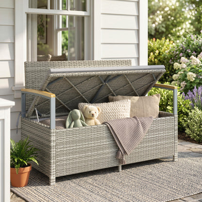170 L Garden Storage Bench with Zipped Liner, 2 Seater PE Rattan Garden Bench with Storage, Gas Strut, Acacia Wood Top Armrests, Cushion, Patio Outdoor Benches Chest Container, Light Grey