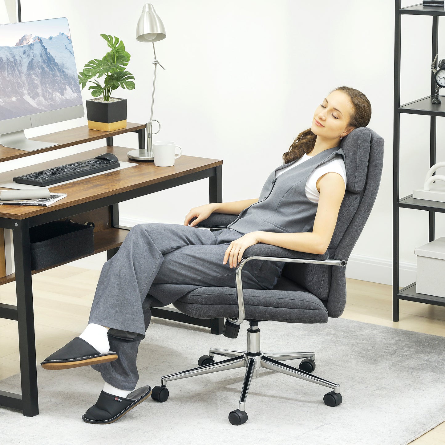 Linen Fabric Office Desk Chair with Tilt Function, Charcoal Grey