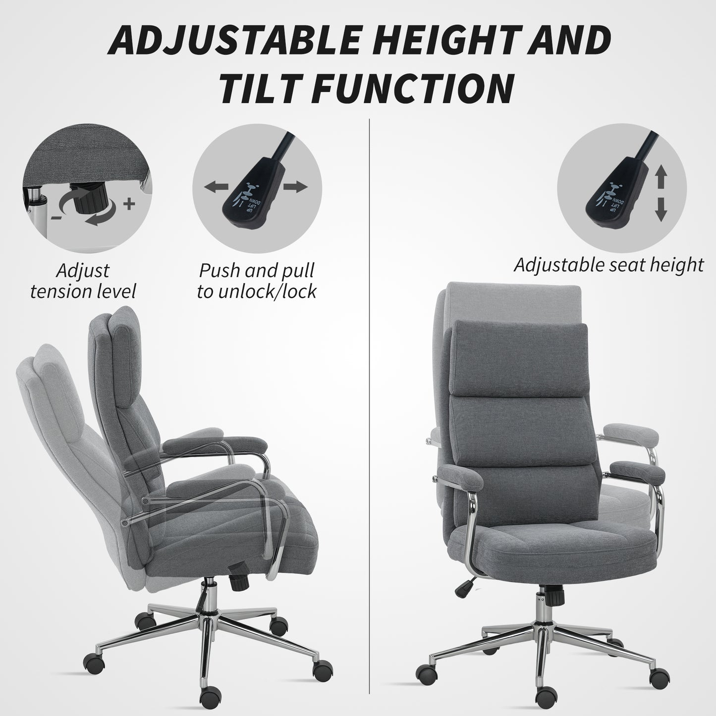 Linen Fabric Office Desk Chair with Tilt Function, Charcoal Grey