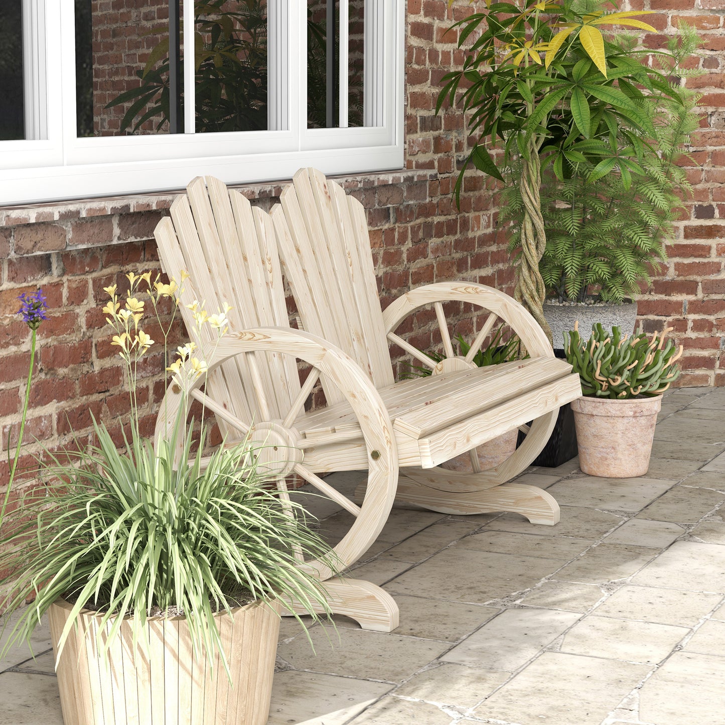 2 Seater Garden Bench w/ Wheel-Shaped Armrests Natural Wood
