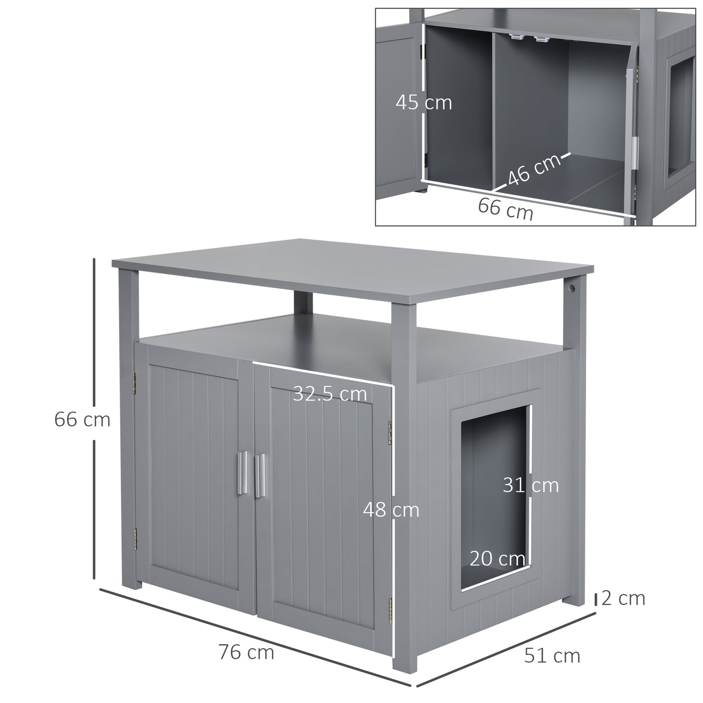 Wood Cat Litter Box Enclosure Furniture w/ Adjustable Interior Wall Grey