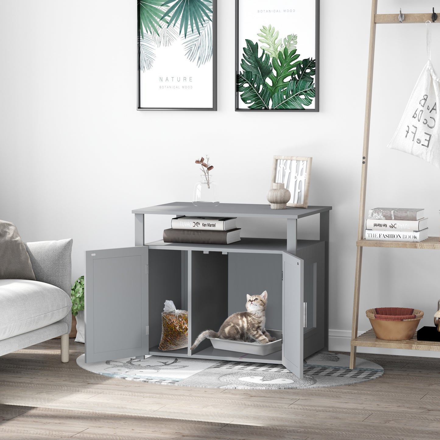 Wood Cat Litter Box Enclosure Furniture w/ Adjustable Interior Wall Grey