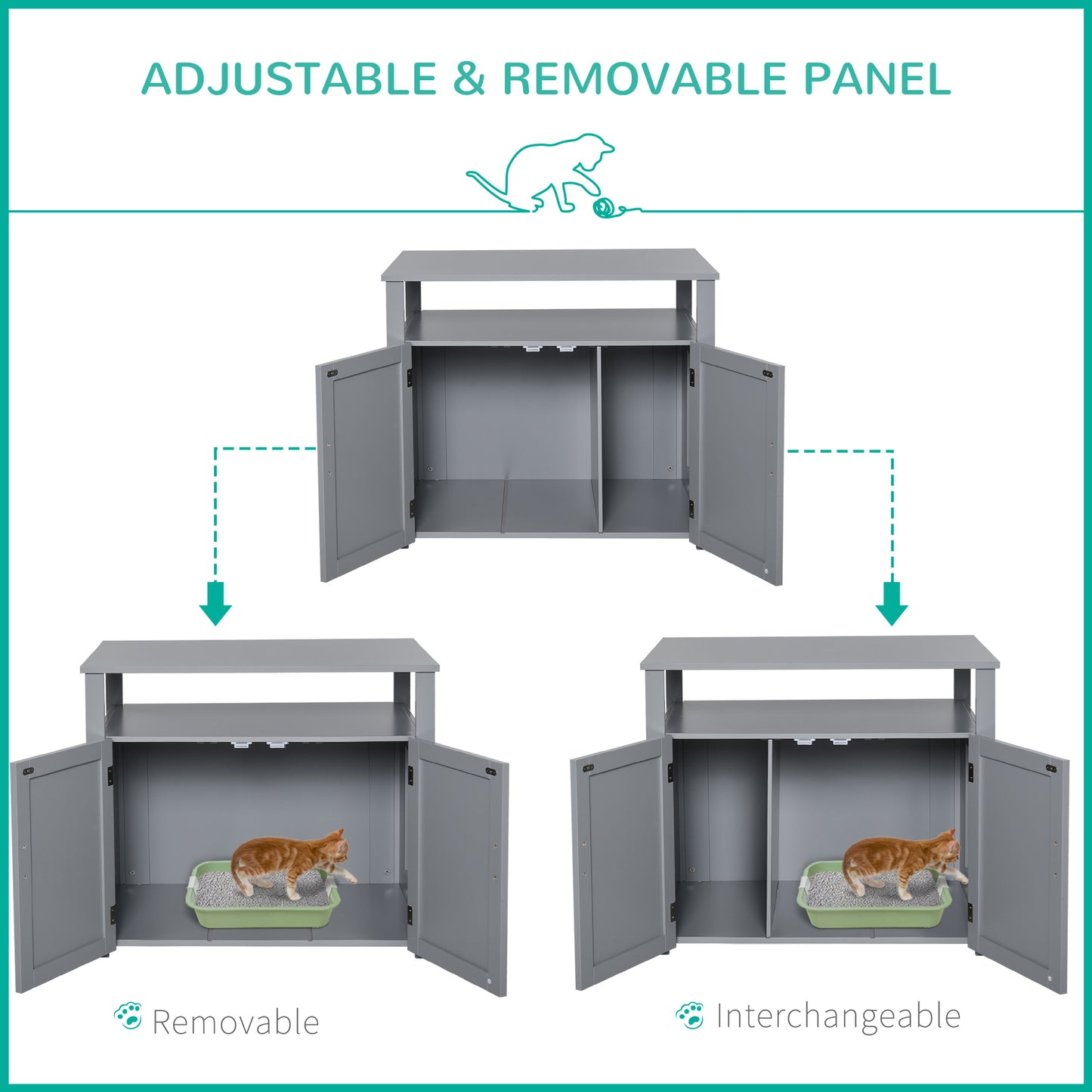Wood Cat Litter Box Enclosure Furniture w/ Adjustable Interior Wall Grey
