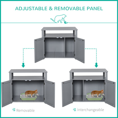 Wood Cat Litter Box Enclosure Furniture w/ Adjustable Interior Wall Grey