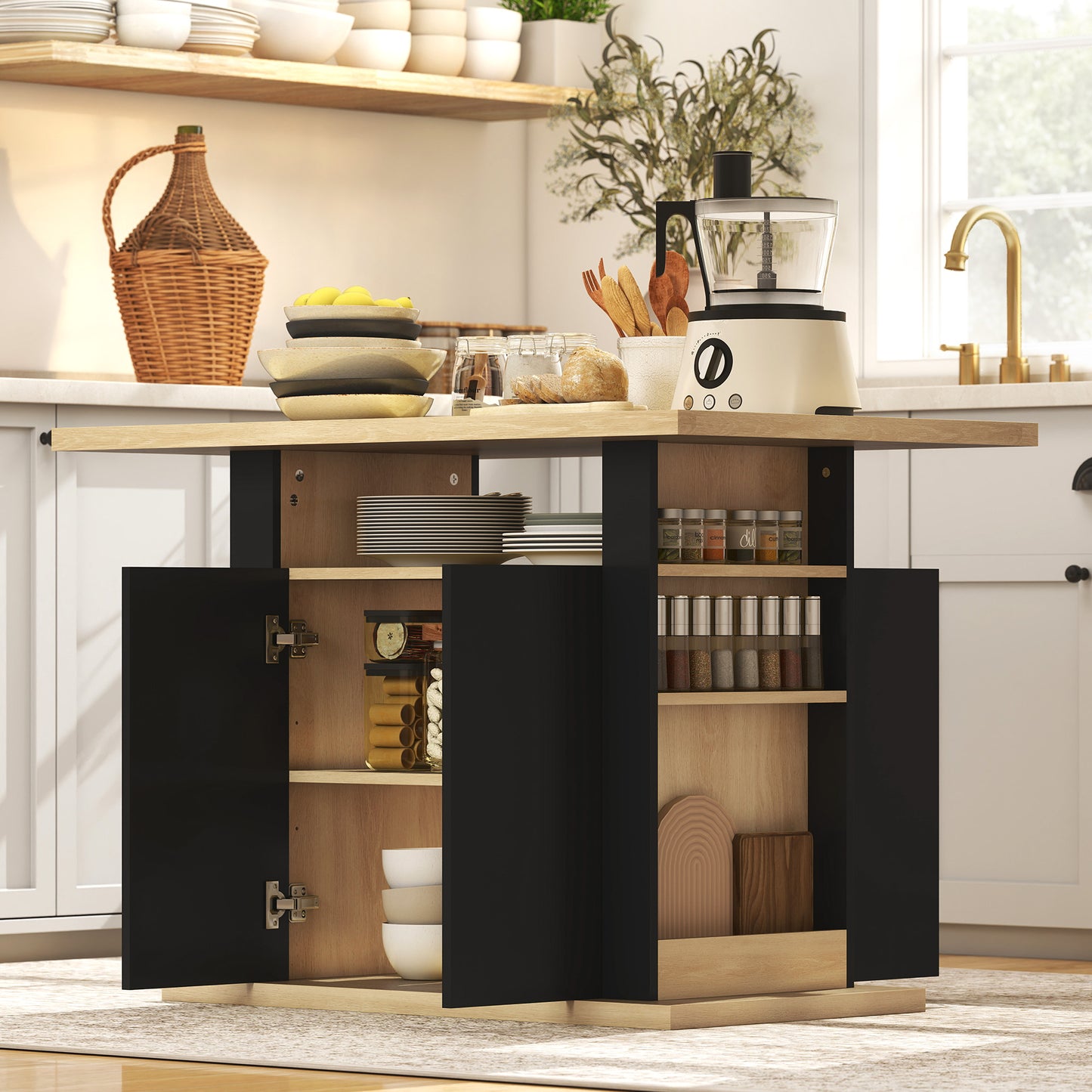 Kitchen Island with Storage Cabinet and Spice Rack, Black & Natural