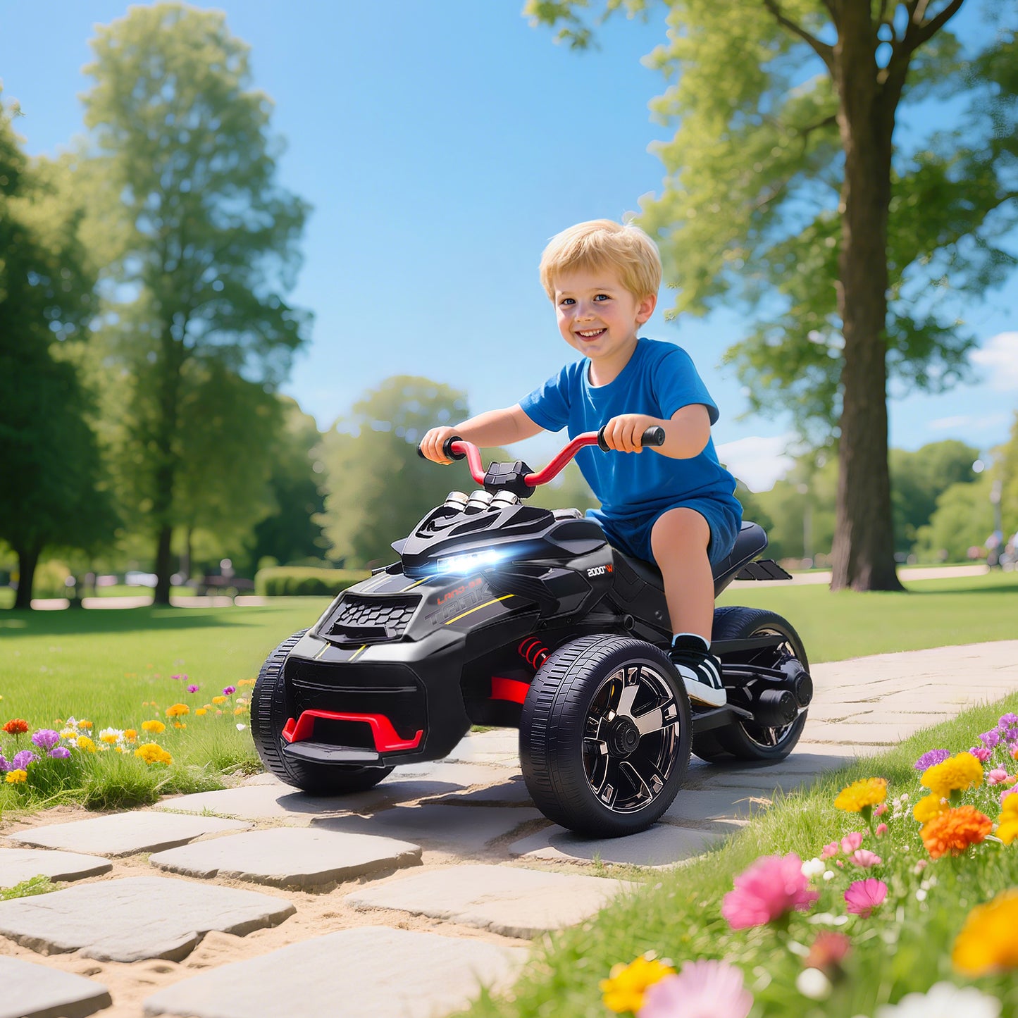 Kids Electric Ride On Car, 12V Battery Powered Ride On ATV with MP3 Player, Horn, 2 Speeds, LED Lights, 3 Wheeler Electric Vehicle Toy Car for Boys & Girls Ages 3-8, Black