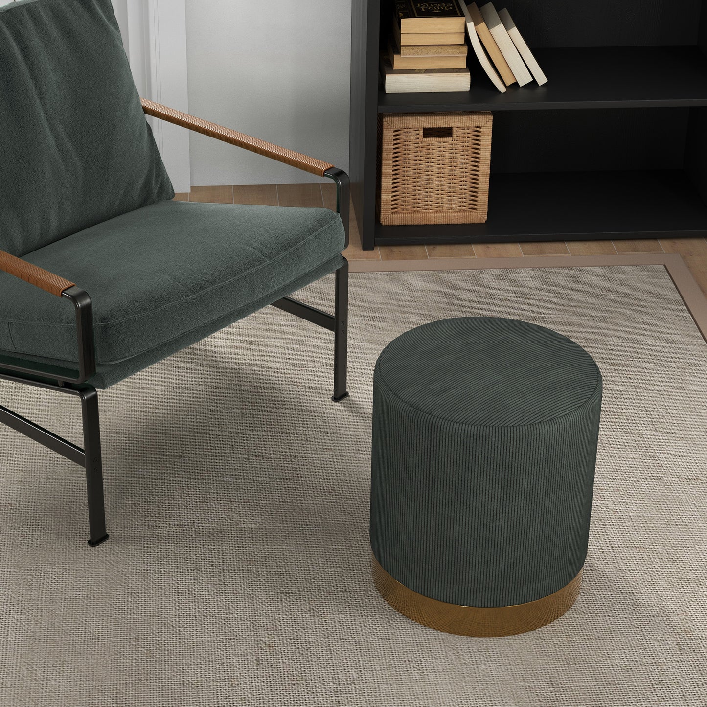 Modern Round Footstool, Fabric Upholstered Foot Rest, Dark Green