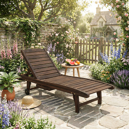 Wooden Sun Lounger Outdoor Patio Sun Bed w/ Pull-out Table