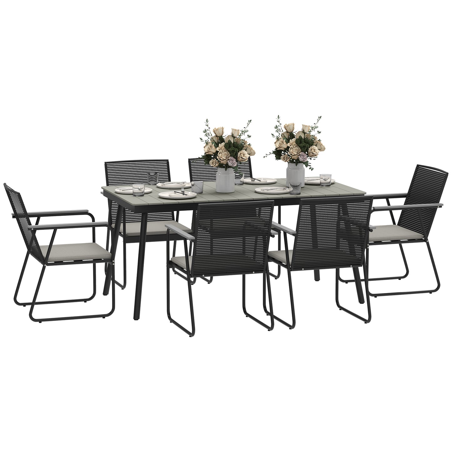 6 Seater Garden Dining Set with Cushions Rattan Backrest, Grey