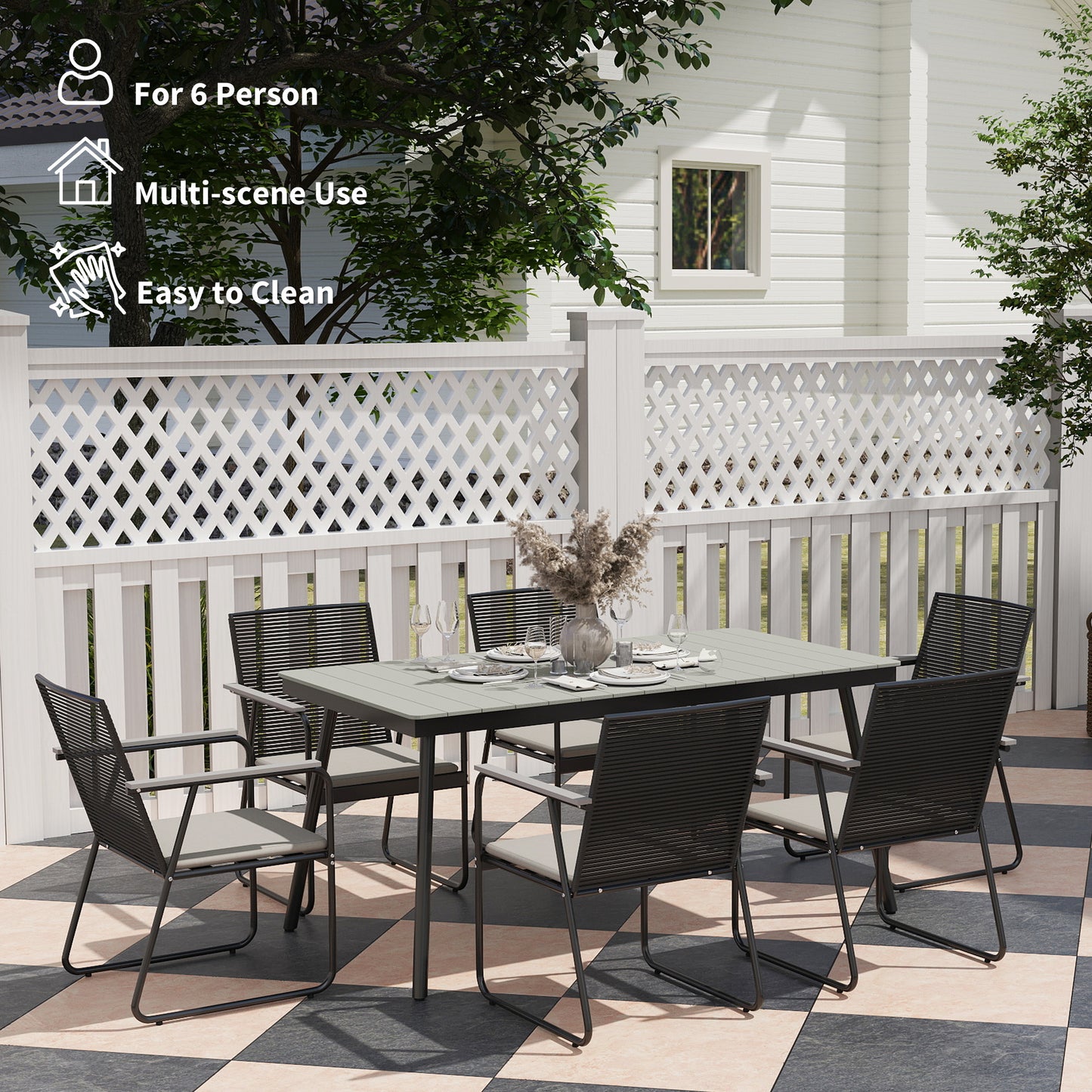 6 Seater Garden Dining Set with Cushions Rattan Backrest, Grey