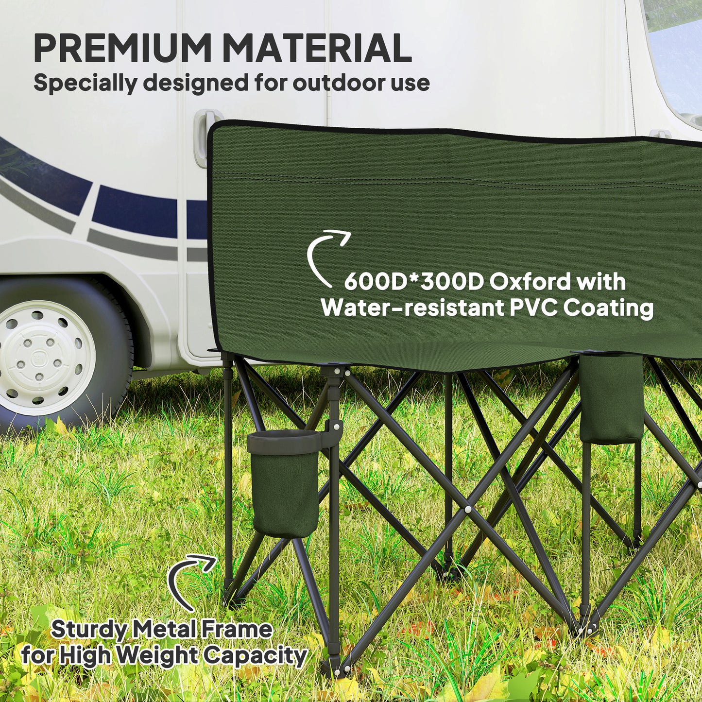 6 Seater Folding Bench Camping Chair with Cup Holder, Green