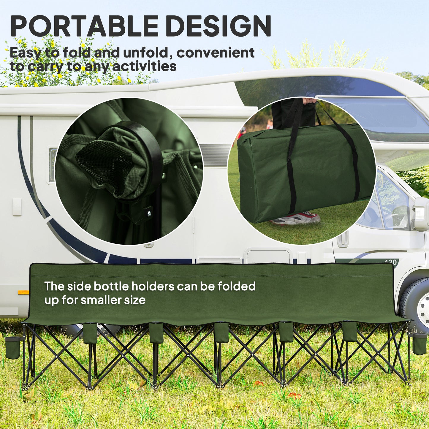 6 Seater Folding Bench Camping Chair with Cup Holder, Green
