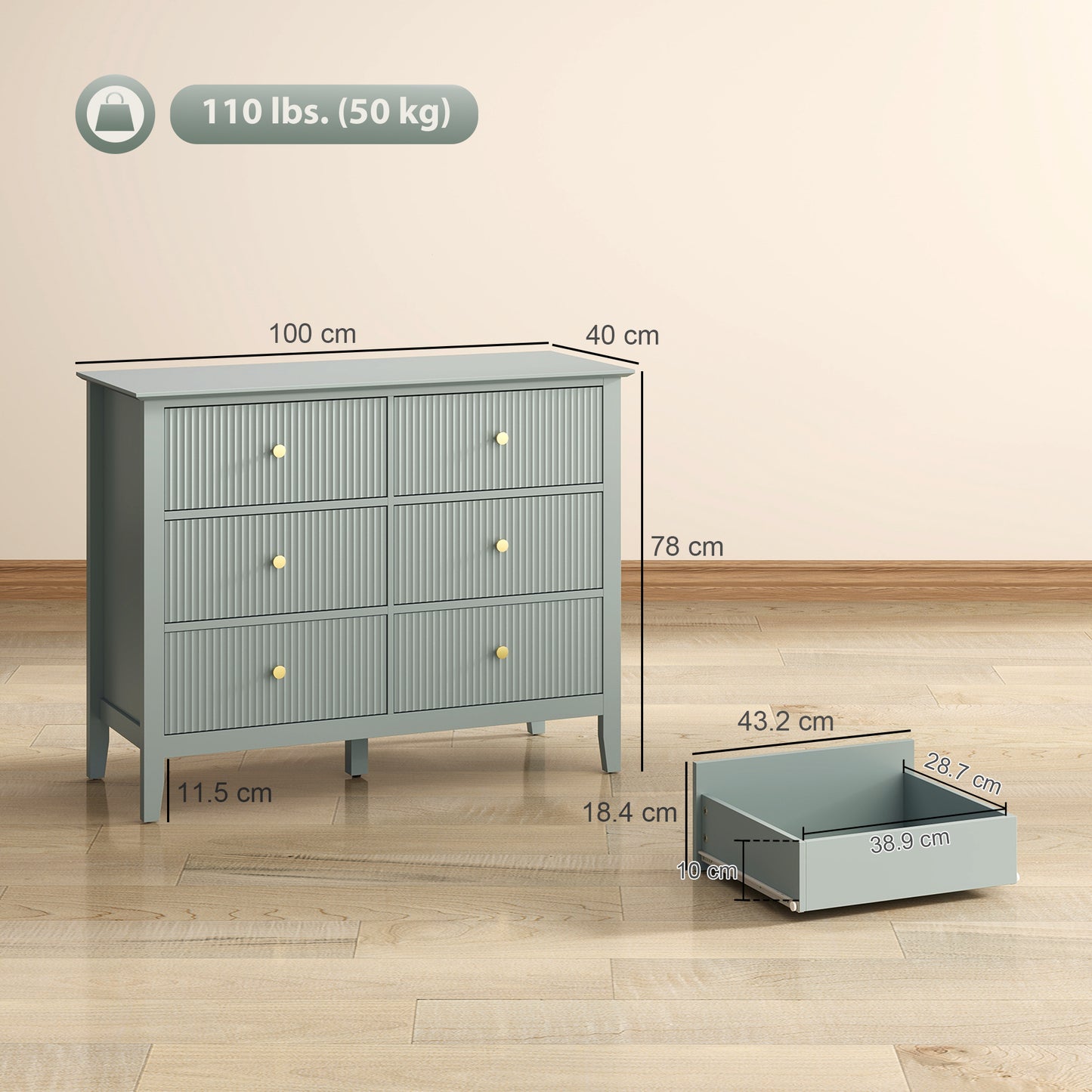 Fluted Chest of Drawers 6 Drawer Dresser for Bedroom Hallway Green