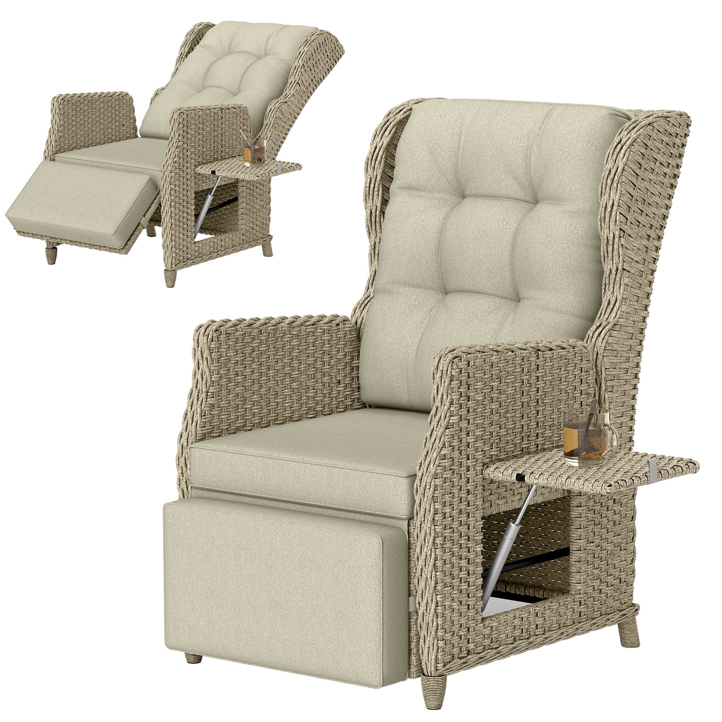 Rattan Garden Recliner Chair with Flip Table, Brown
