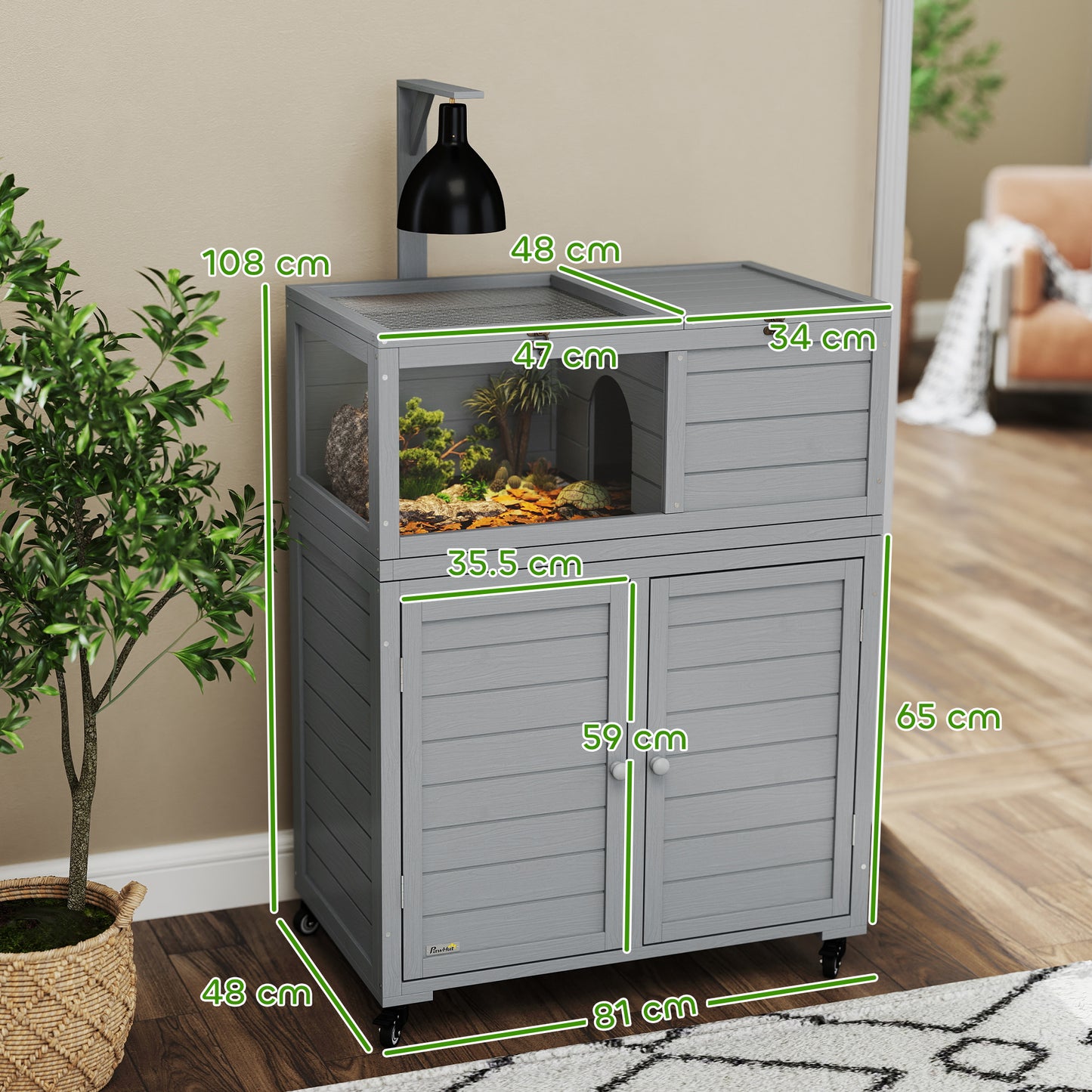 PawHut Tortoise House with Storage Cabinet, Lamp Holder, Openable Top
