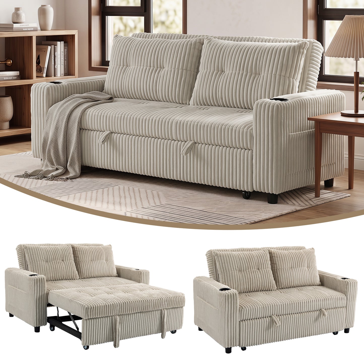 2 Seater Sofa Bed, Corduroy Click Clack Sleeper Sofa with Pull Out Design, 2 Pillows, Cup Holders, Side Pockets, Convertible Loveseat Bed Settee for Living Room, 157x190cm, Cream White