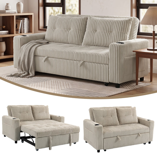 2 Seater Sofa Bed, Corduroy Click Clack Sleeper Sofa with Pull Out Design, 2 Pillows, Cup Holders, Side Pockets, Convertible Loveseat Bed Settee for Living Room, 157x190cm, Cream White