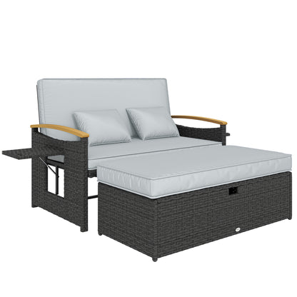 Double Rattan Sunbed Lounger with Storage & Adjustable Backrest – Dark Grey