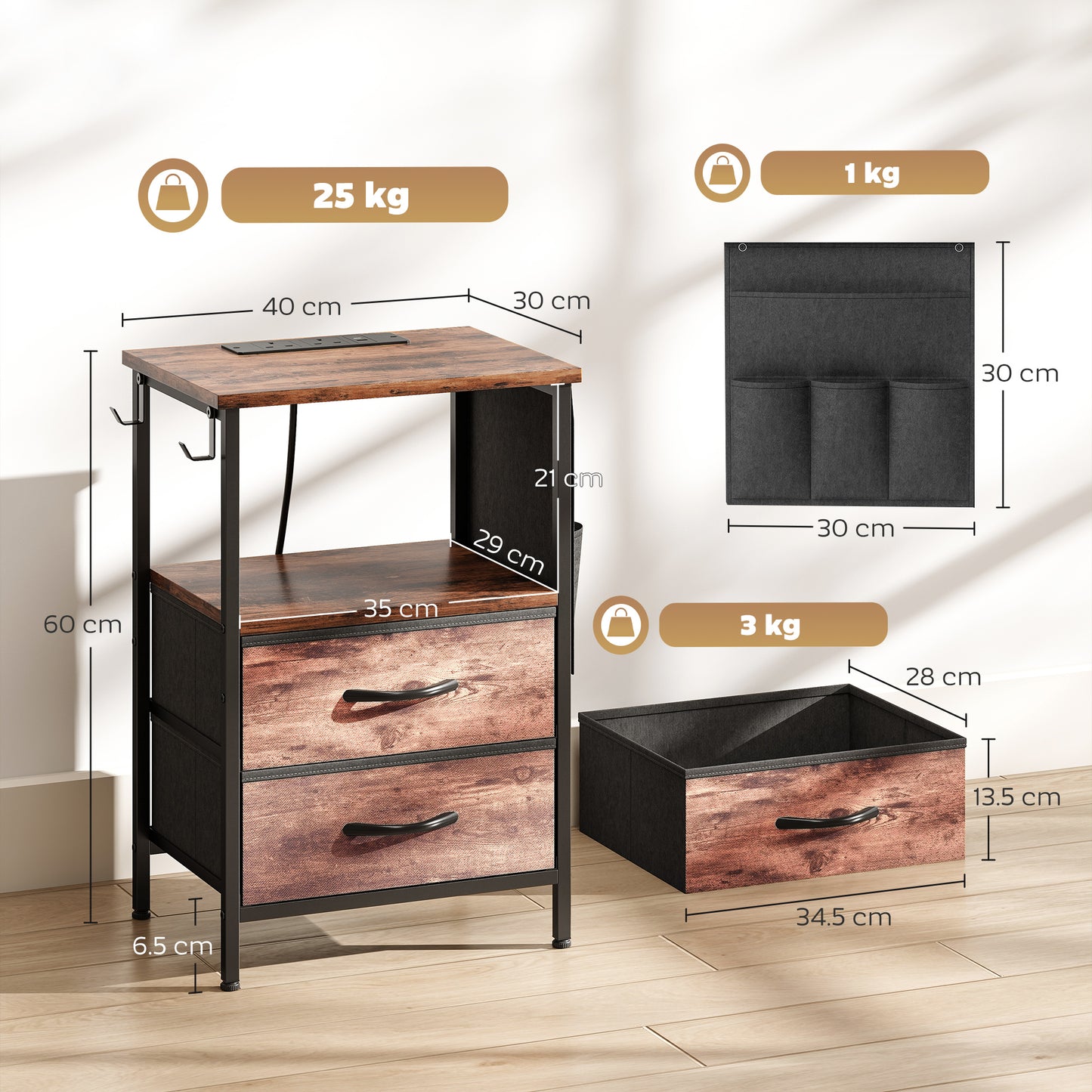 Slim Side Table with Charging Station, Bedside Table, Rustic Brown