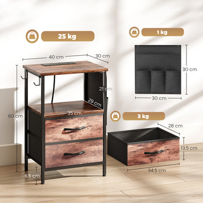 Slim Side Table with Charging Station, Bedside Table, Rustic Brown