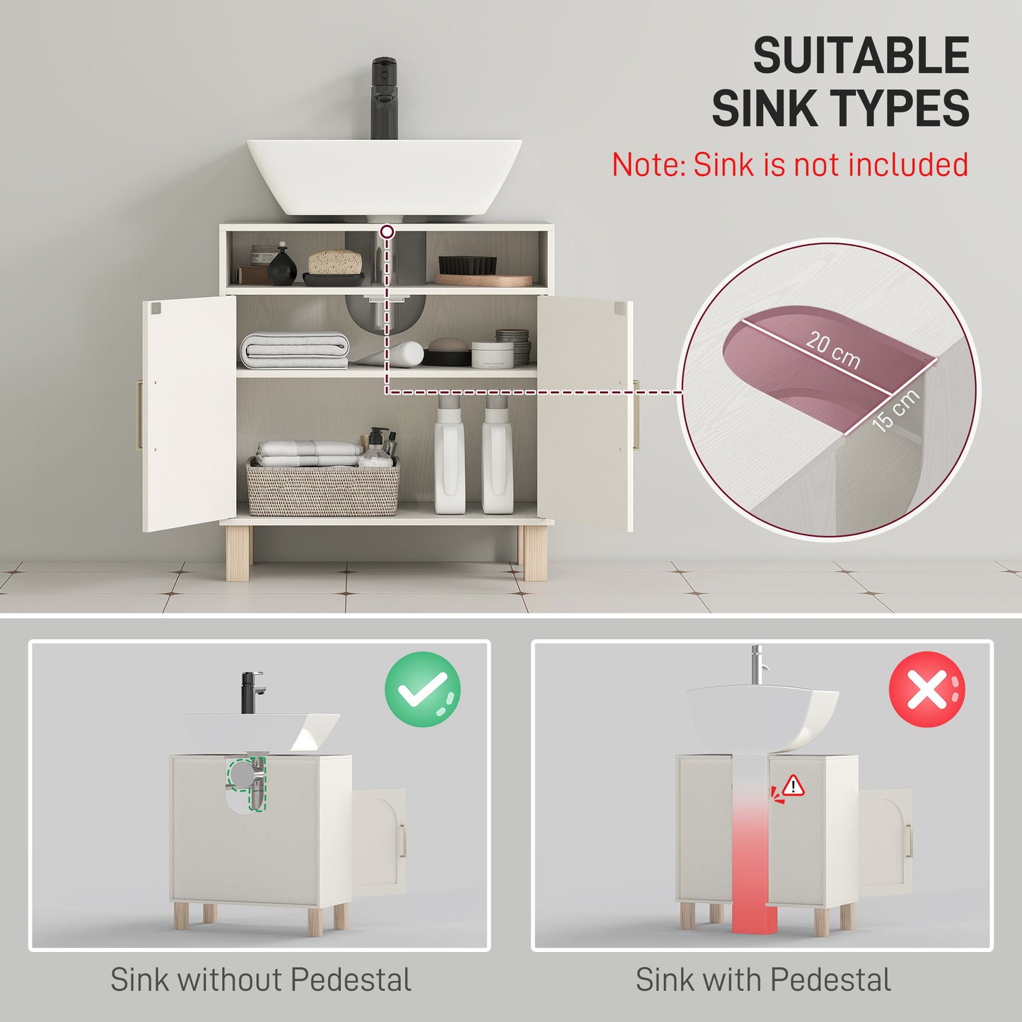 Under Sink Bathroom Cabinet for Basin without Pedestal, Cream White