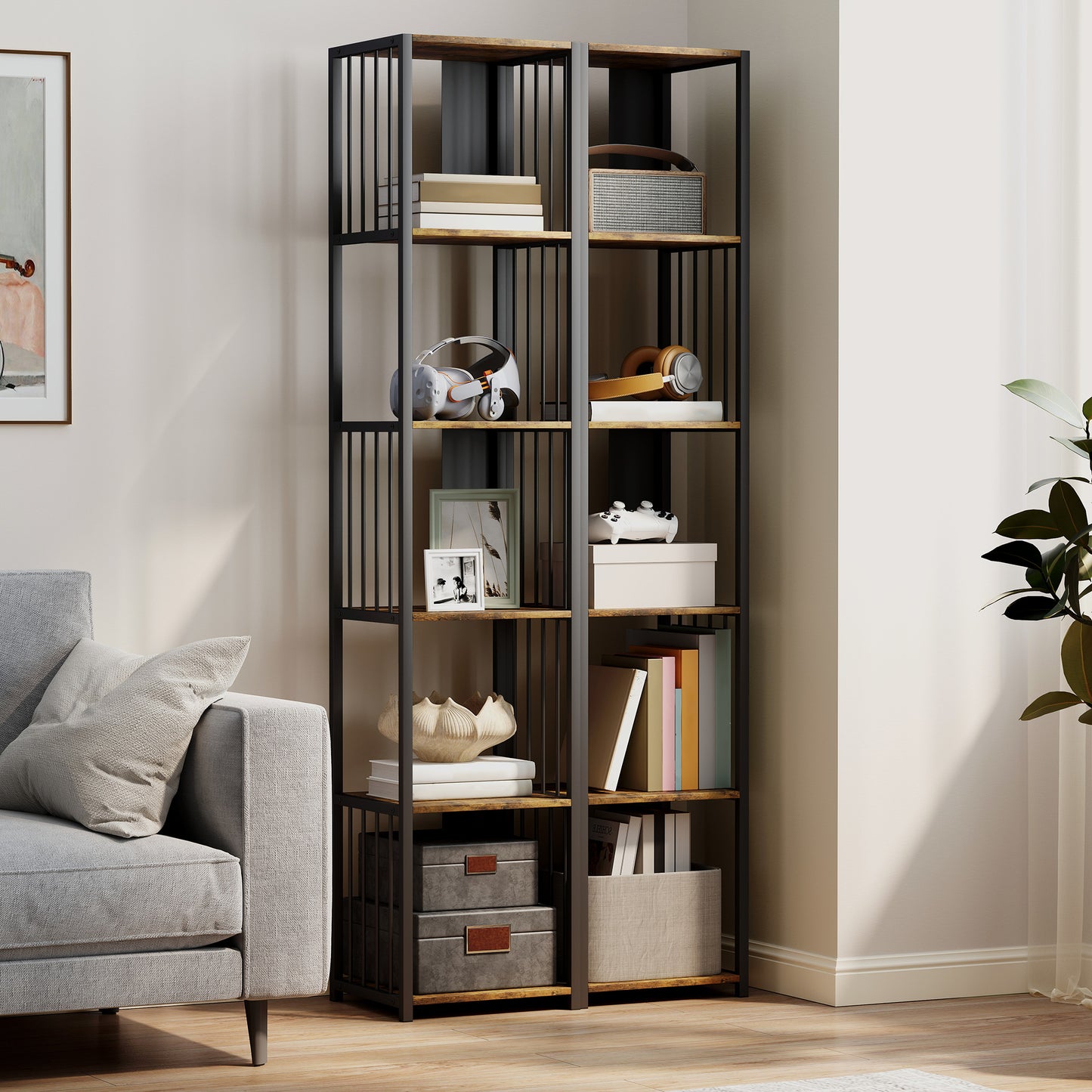 5-Tier Bookshelf, Freestanding Display Storage Unit, Rustic Brown