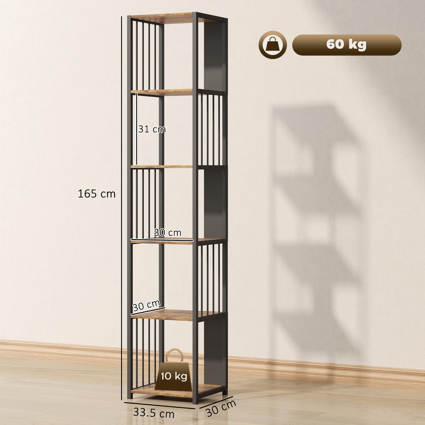 5-Tier Bookshelf, Freestanding Display Storage Unit, Rustic Brown