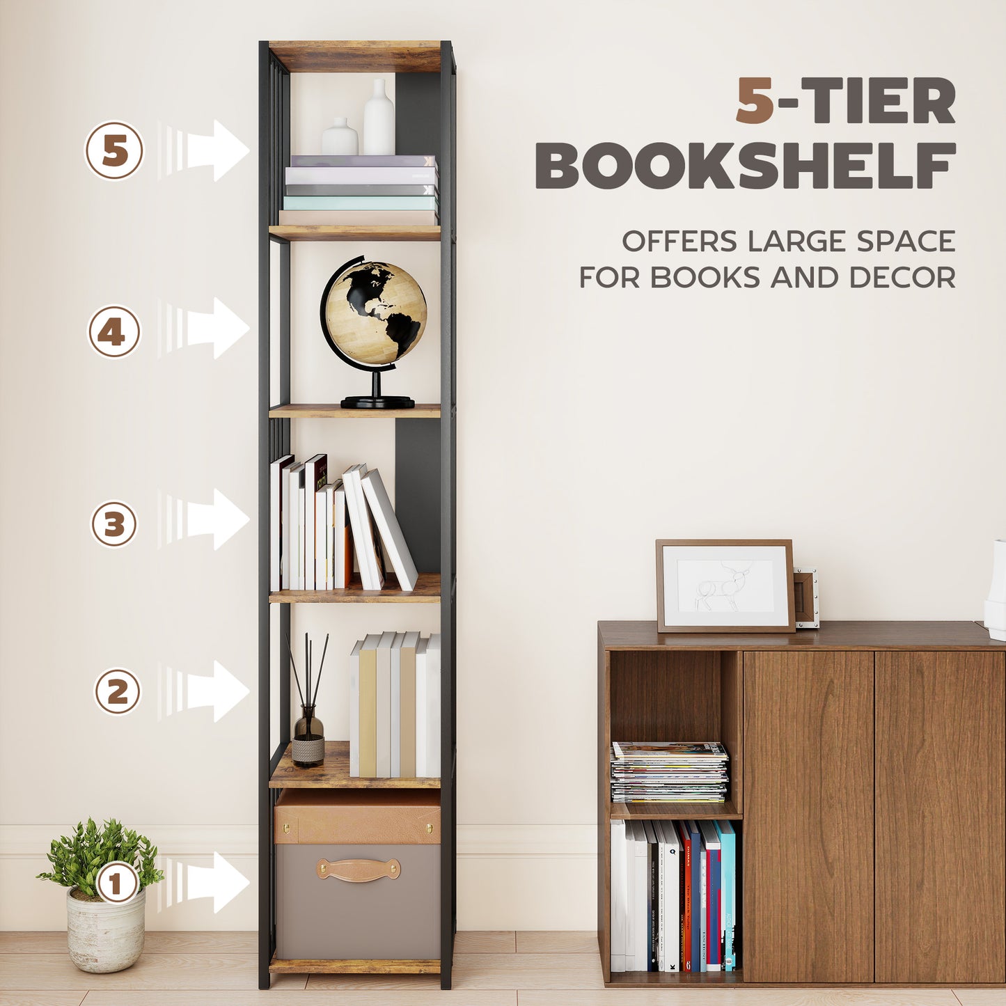 5-Tier Bookshelf, Freestanding Display Storage Unit, Rustic Brown