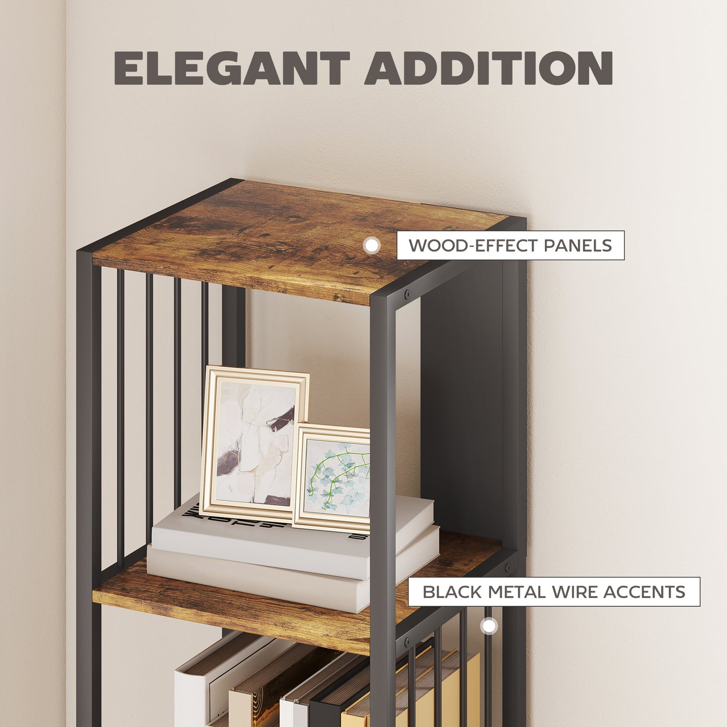 5-Tier Bookshelf, Freestanding Display Storage Unit, Rustic Brown