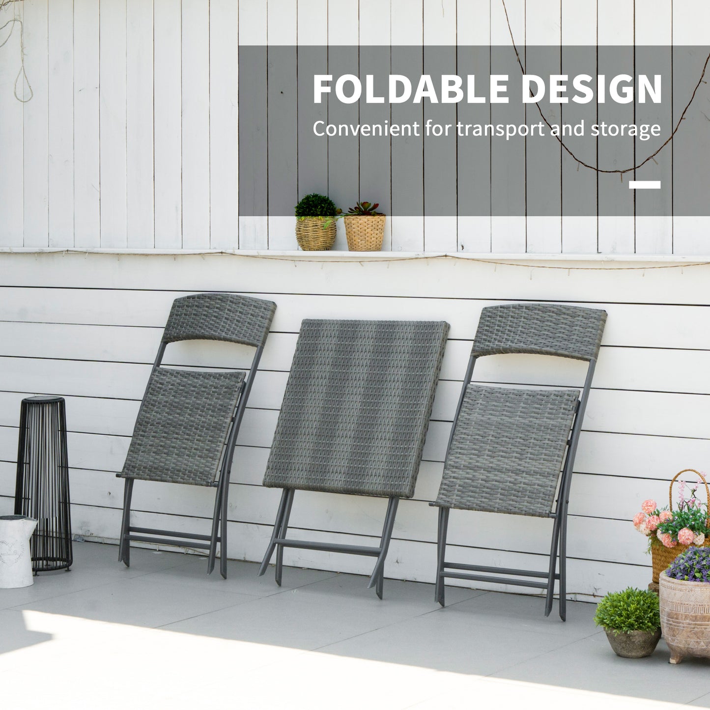 3PC Bistro Set Rattan Furniture Garden Folding Chair Table Grey
