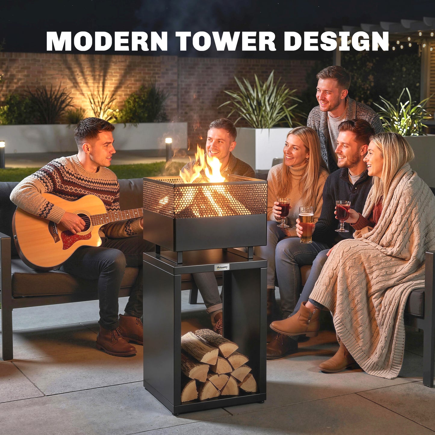 Outdoor Fire Pit with Wood Storage 87 cm Black