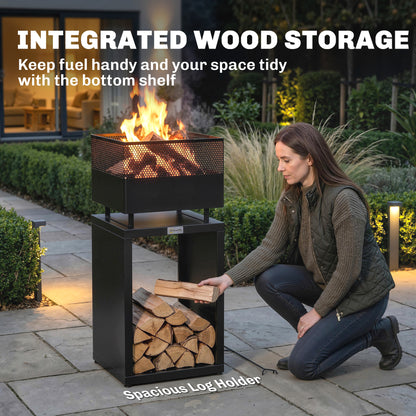 Outdoor Fire Pit with Wood Storage 87 cm Black