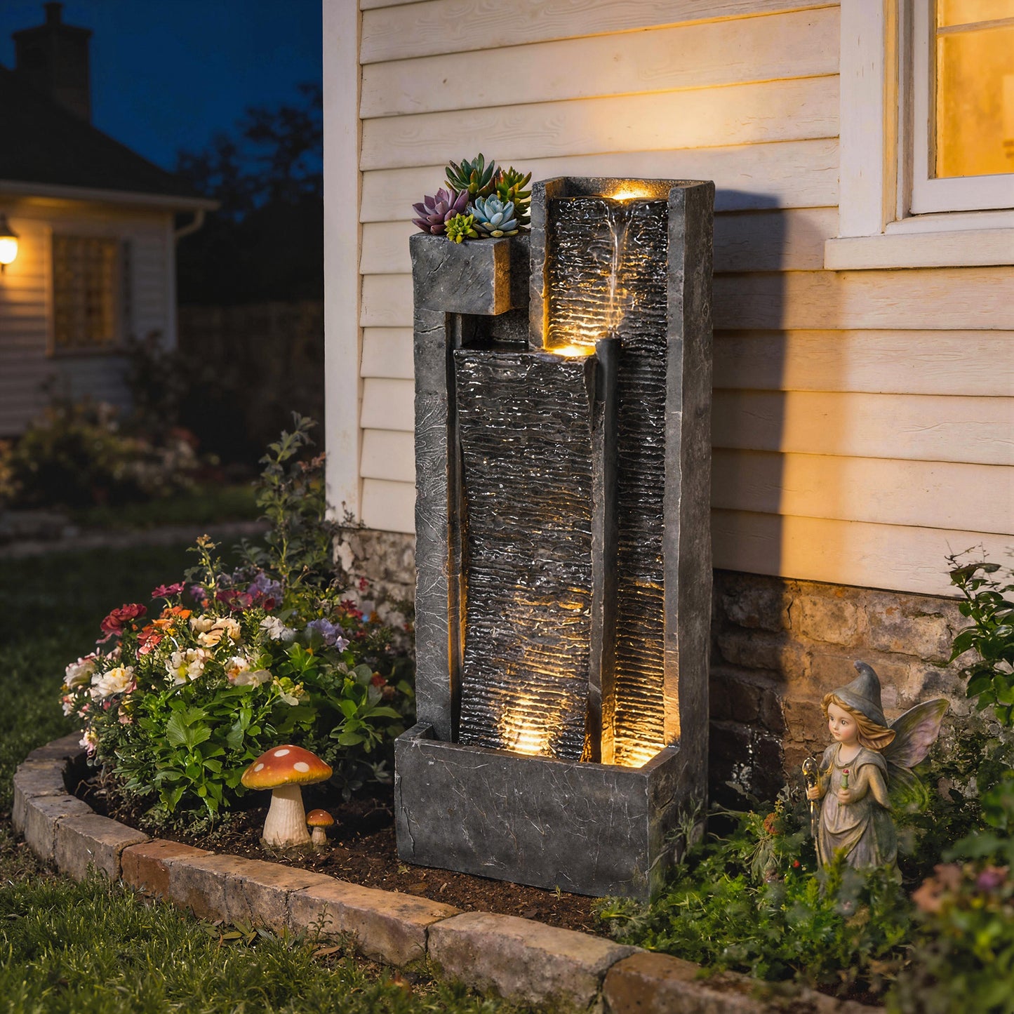 Water Feature with Planter, Resin Waterfall Feature, Dark Grey