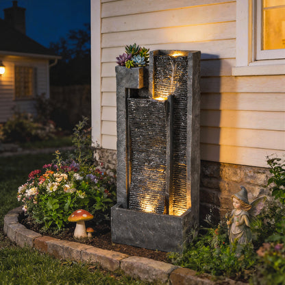 Water Feature with Planter, Resin Waterfall Feature, Dark Grey
