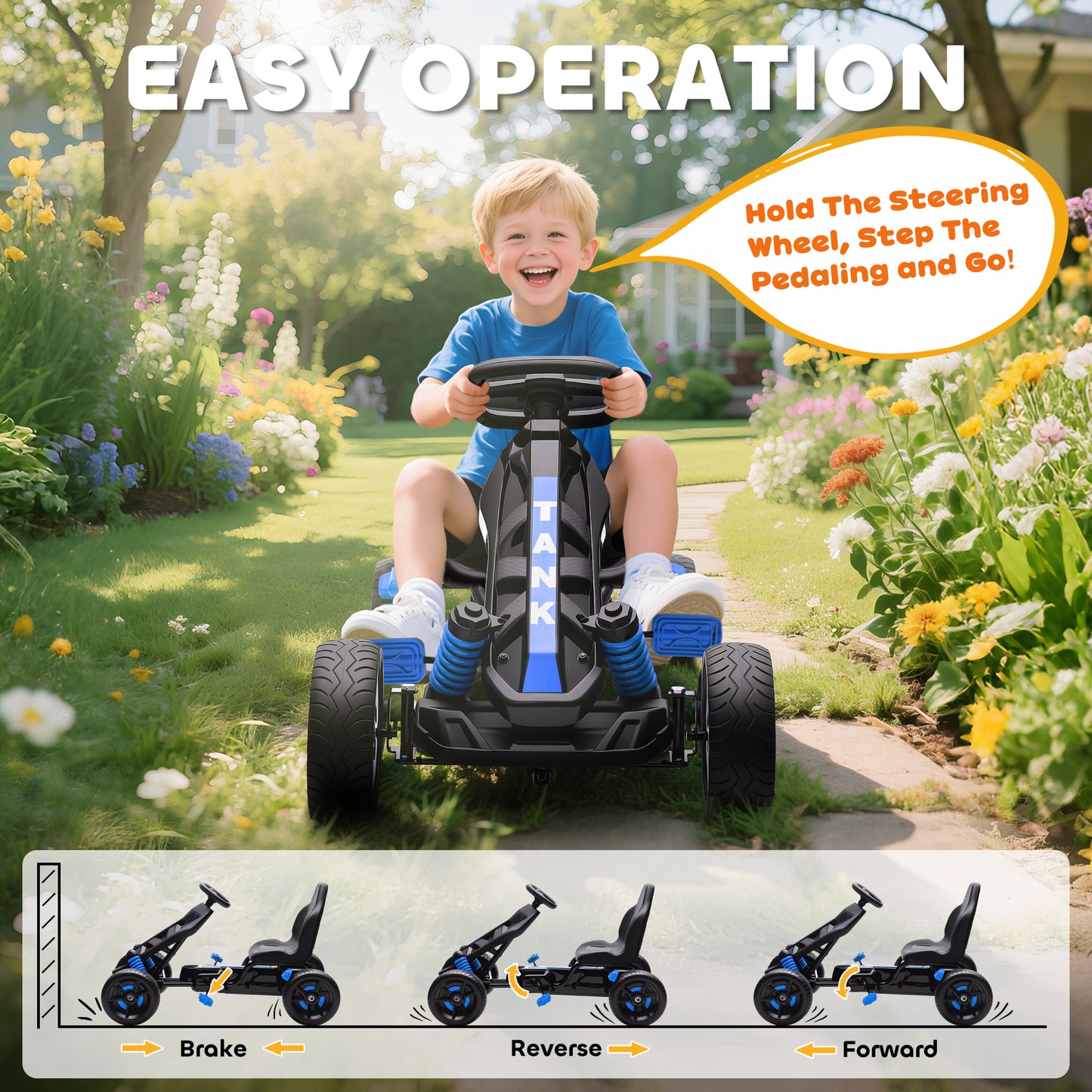 Pedal Go Kart with Automatic Clutch, for Ages 3-6 Years, Blue