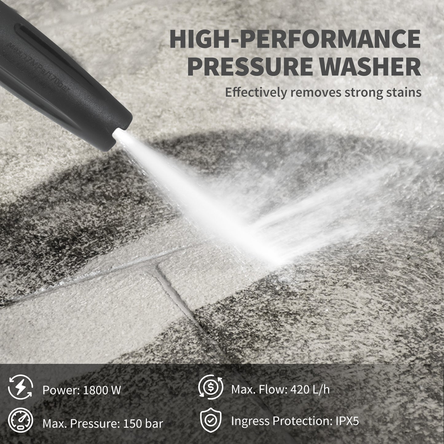 1800W Power Washer 150 Bar Pressure with Adjustable Nozzle, Yellow