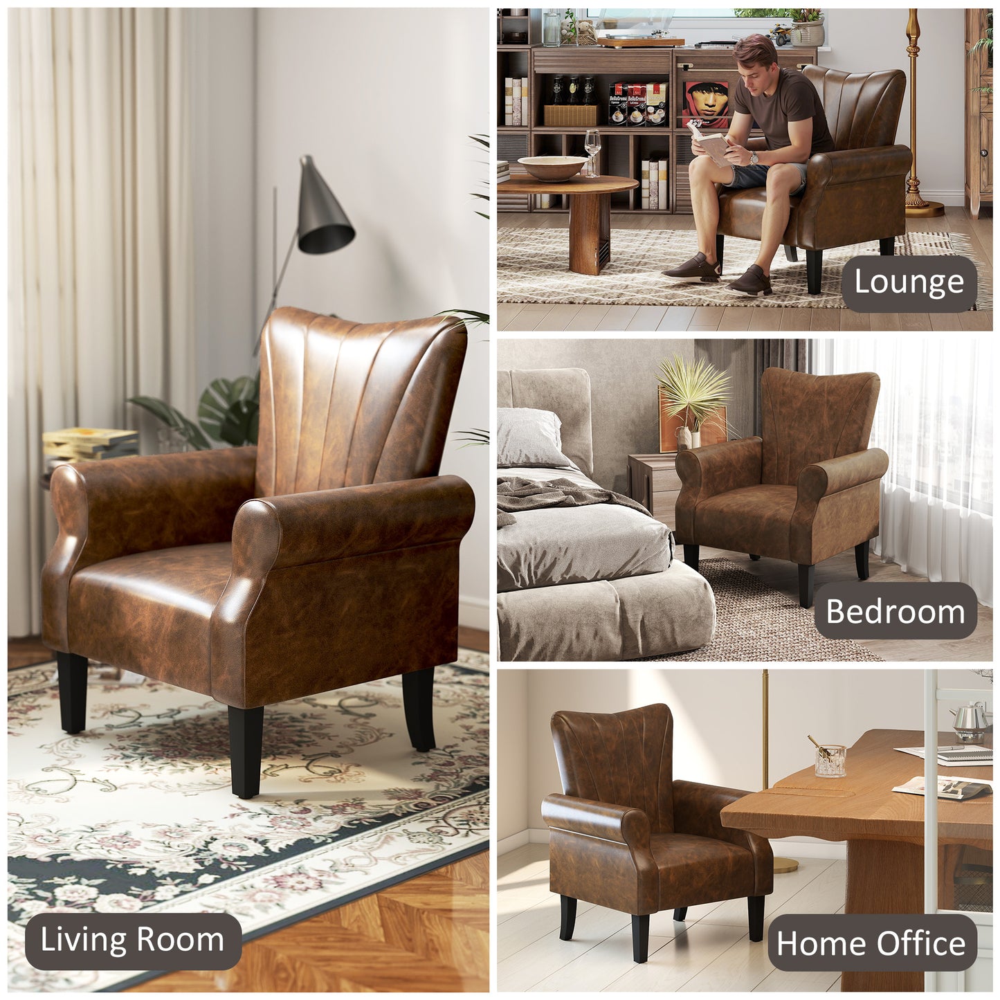 Upholstered Modern Accent Chair,  Armchair with Wood Legs, Brown