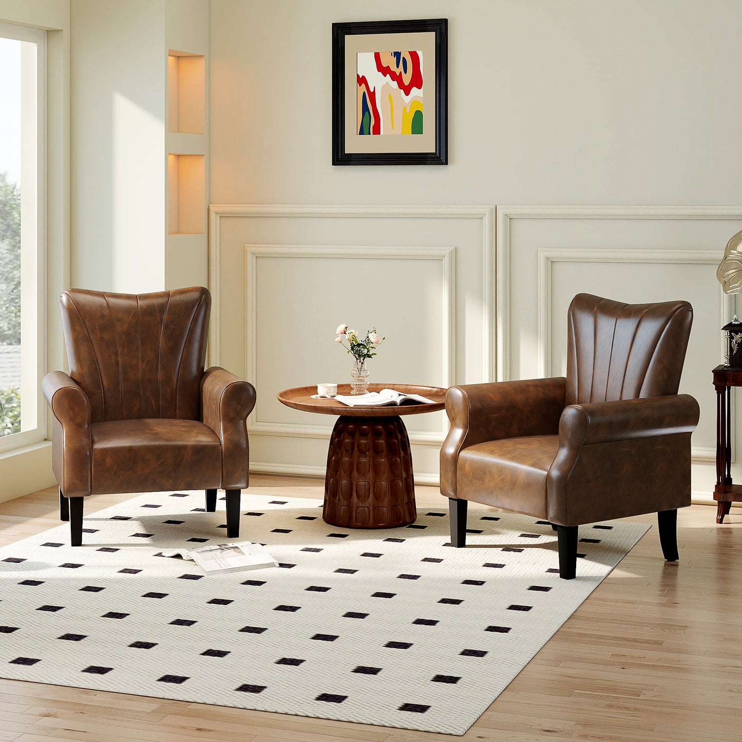 Upholstered Modern Accent Chair,  Armchair with Wood Legs, Brown