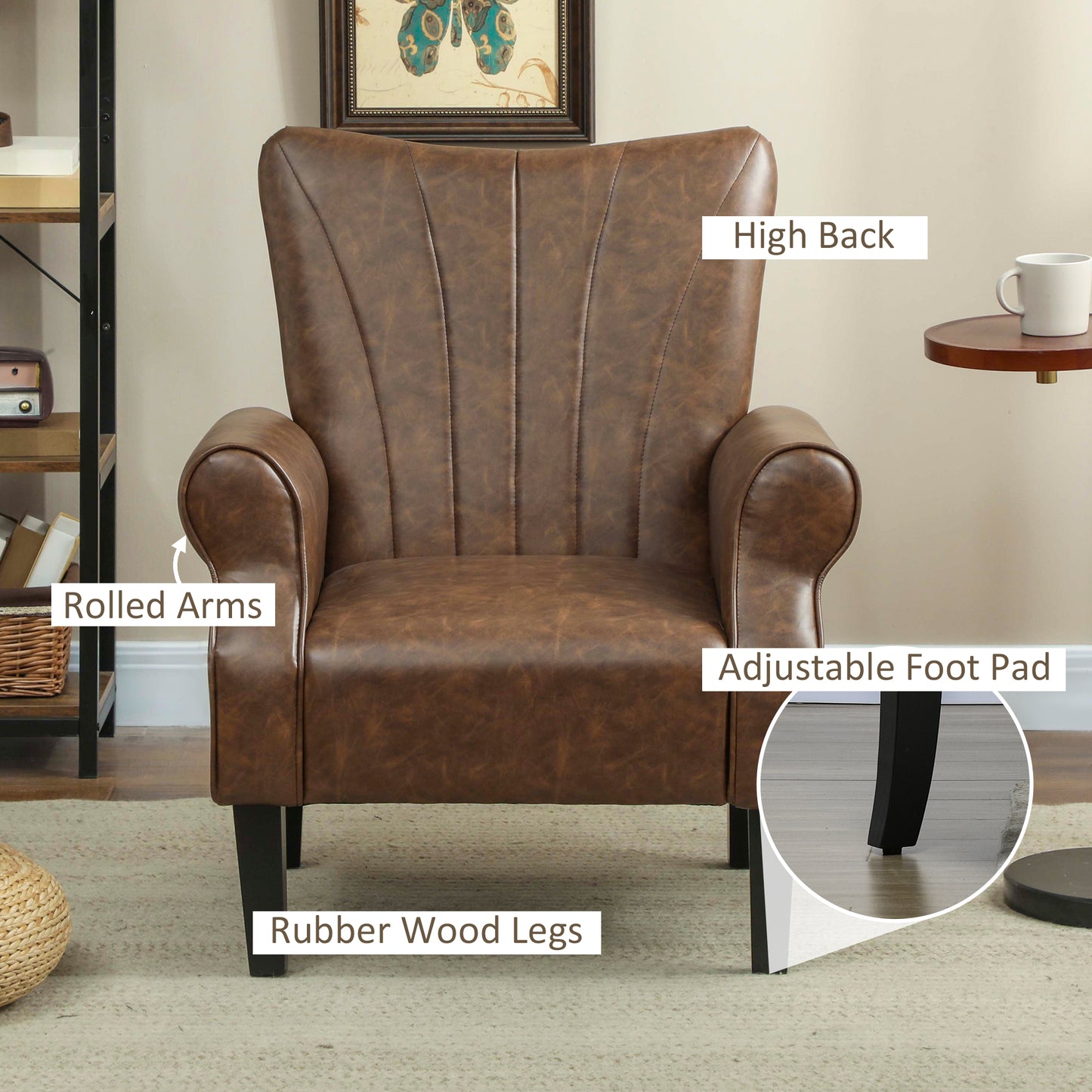 Upholstered Modern Accent Chair,  Armchair with Wood Legs, Brown