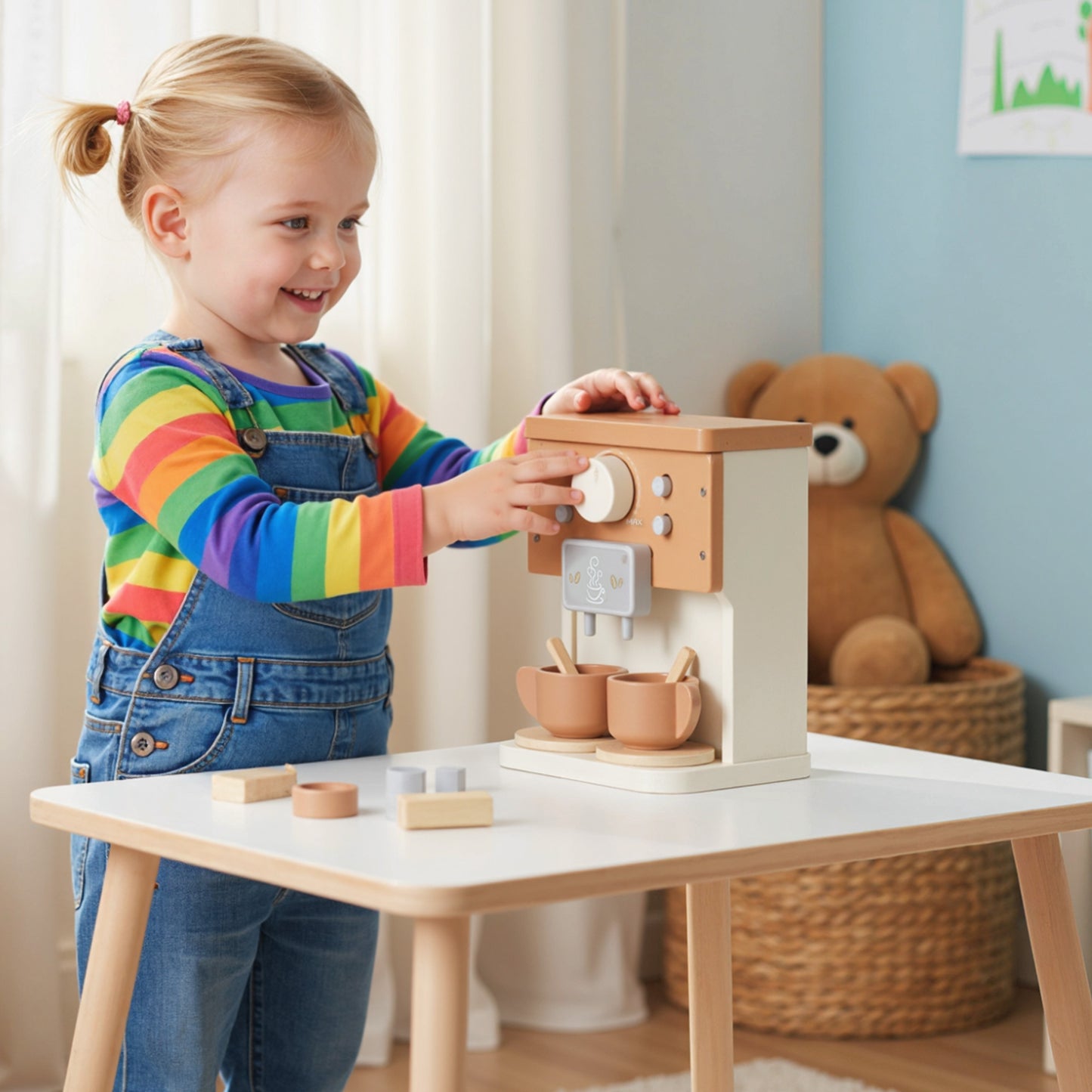 Kids Wooden Coffee Machine Toy, Pretend Role Play Toy